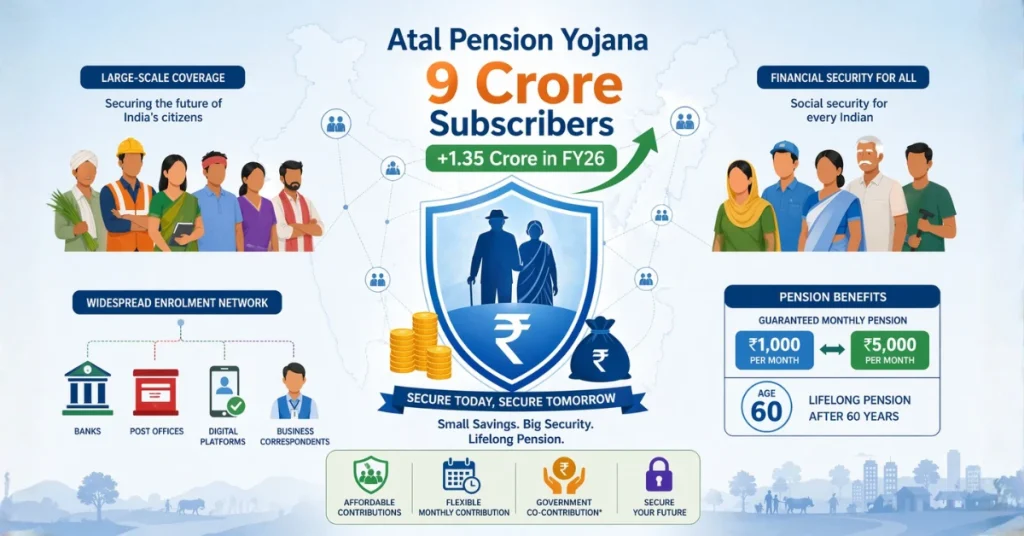 Atal Pension Yojana infographic showing 9 crore subscribers and FY26 growth