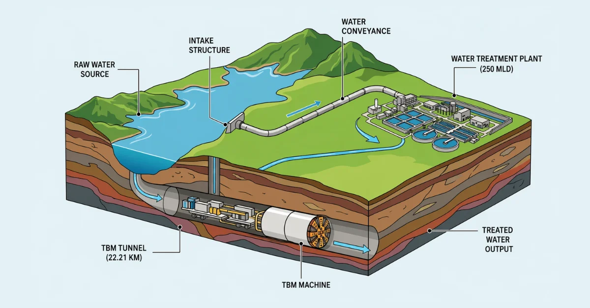 CIDCO water infrastructure contract showing TBM tunnel from reservoir to 250 MLD water treatment plant with labelled components