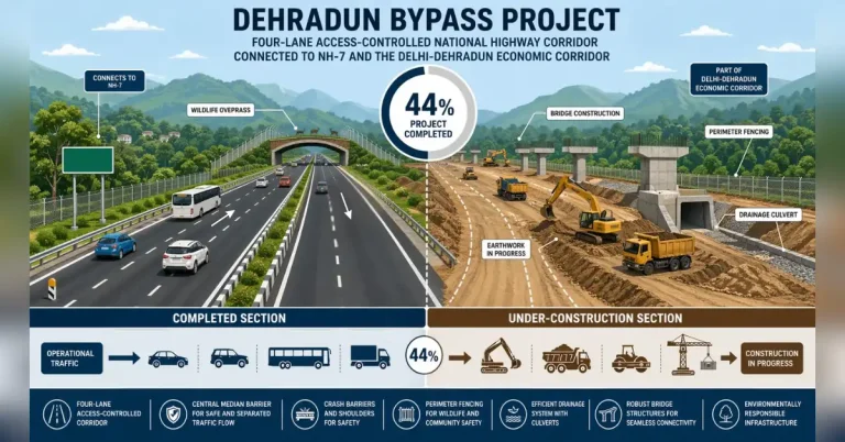 Dehradun bypass project showing partially completed highway and ongoing construction work at 44 per cent progress