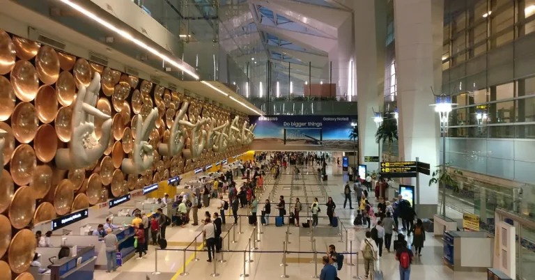 India’s Aviation Hub Push at Delhi Airport Terminal 3 showing passenger movement and check-in area