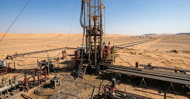 Oil drilling operations in Ghadames Basin desert region