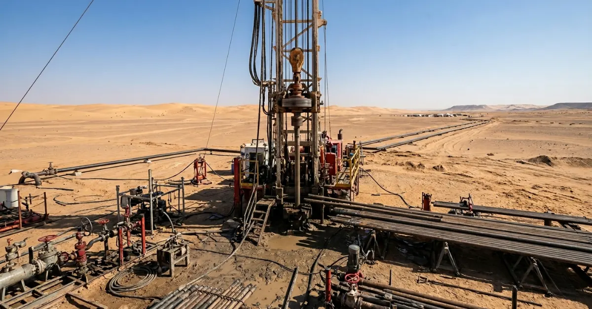 Oil drilling operations in Ghadames Basin desert region