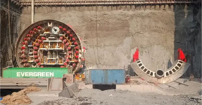 Goregaon-Mulund Link Road Phase 3B tunnel boring machine assembly inside launching shaft in Mumbai
