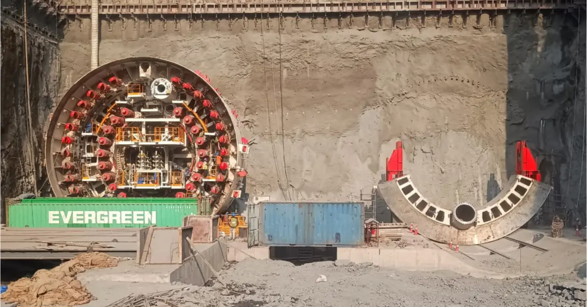 Goregaon-Mulund Link Road Phase 3B tunnel boring machine assembly inside launching shaft in Mumbai