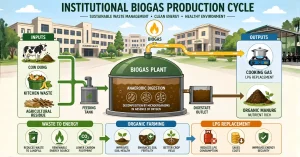 Gujarat institution biogas production cycle showing waste to energy conversion and organic manure output