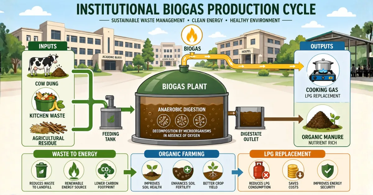 Gujarat institution biogas production cycle showing waste to energy conversion and organic manure output