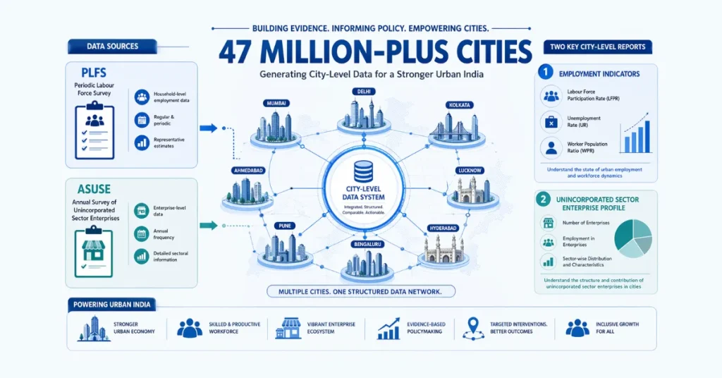 city-level data in India showing 47 million-plus cities with PLFS and ASUSE datasets integration