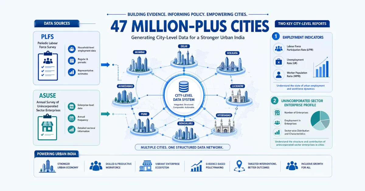 city-level data in India showing 47 million-plus cities with PLFS and ASUSE datasets integration