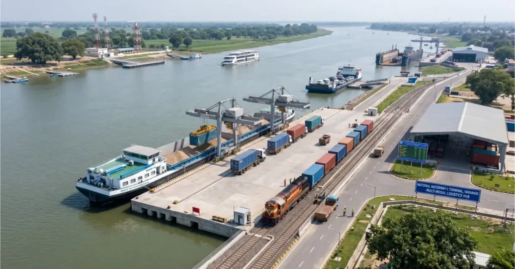 India steps up inland waterways push with plan to operationalise 20 more routes across over 20,000 Km network 6 Cargo vessel and multimodal terminal operations on India inland waterways