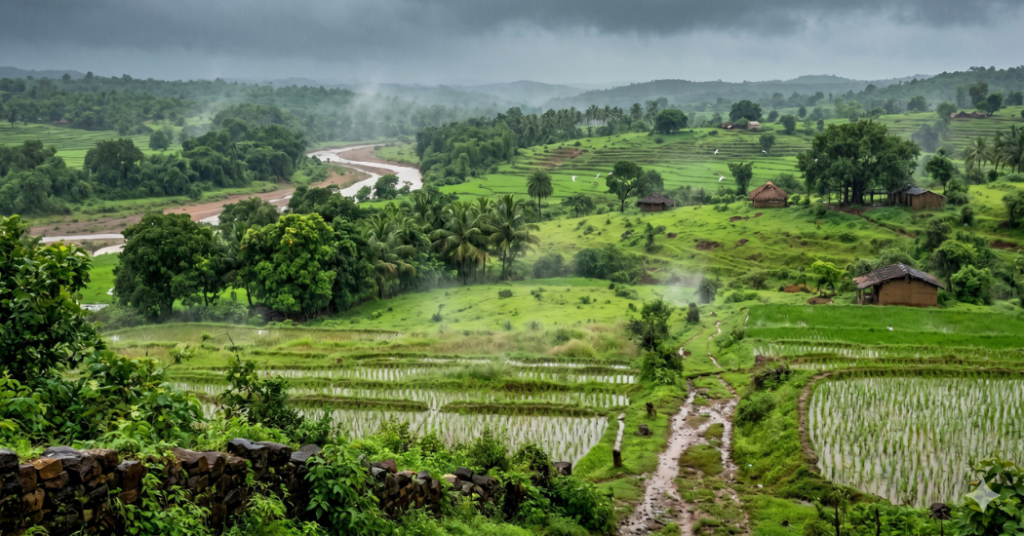 India monsoon forecast 2026 below normal rainfall clouds over fields