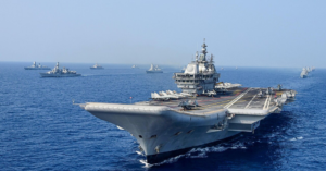 Indian Navy INS Vikrant carrier battle group deployed at sea
