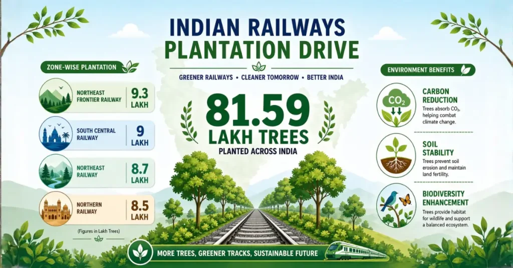 Indian Railways plantation drive infographic showing 81.59 lakh trees and zone contributions