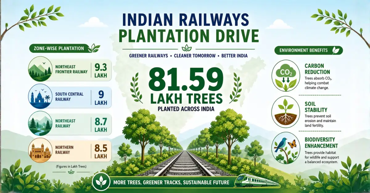 Indian Railways plantation drive infographic showing 81.59 lakh trees and zone contributions