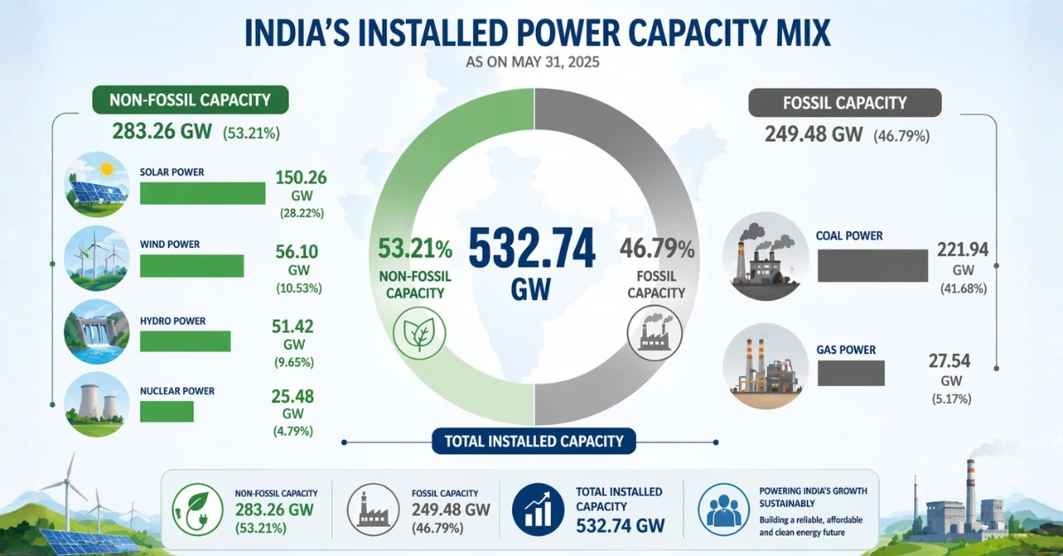 India’s installed power capacity infographic showing renewable and fossil energy share