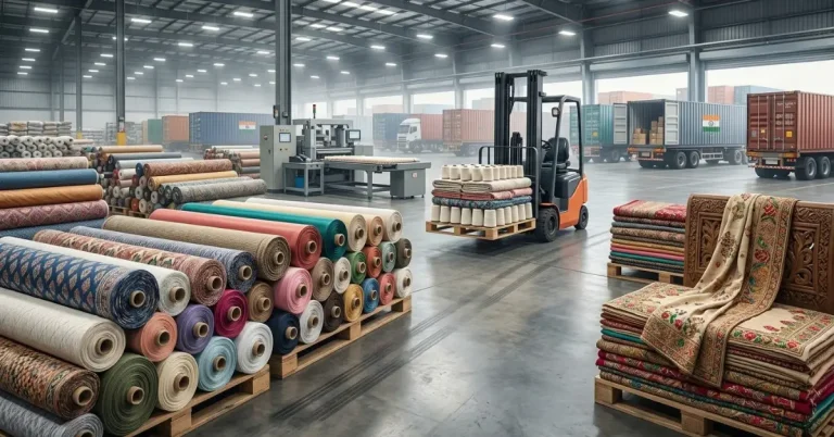India's textile exports warehouse with fabric rolls and packaged goods ready for shipment