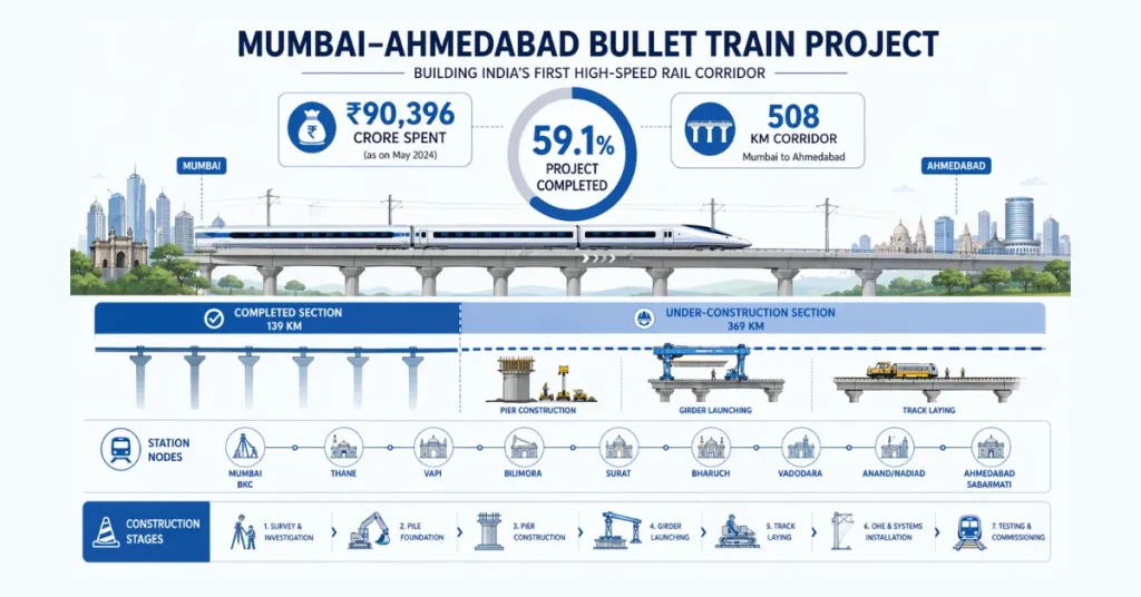 Mumbai-Ahmedabad bullet train project showing 59.1 percent progress and ₹90,396 crore spending