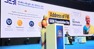 Nirmala Sitharaman addressing SEBI Foundation Day event in Mumbai
