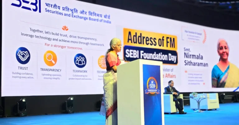 Nirmala Sitharaman addressing SEBI Foundation Day event in Mumbai
