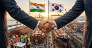 South Korea expand maritime cooperation handshake at shipyard with India and Korea flags no faces visible