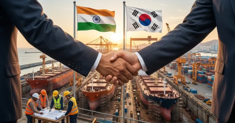 South Korea expand maritime cooperation handshake at shipyard with India and Korea flags no faces visible