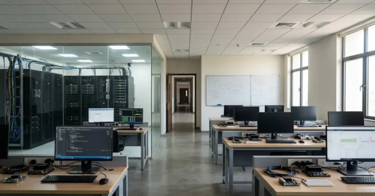 AI curriculum revamp represented by an engineering college lab and GPU compute facility