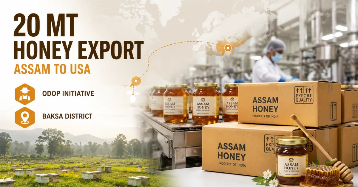 Hybrid newsroom image showing ODOP honey export from Assam to USA