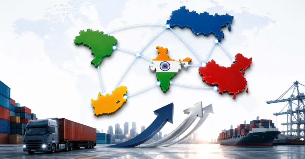 BRICS trade integration visual showing member economies connected through global trade networks