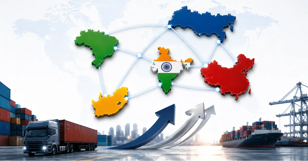 BRICS trade integration visual showing member economies connected through global trade networks