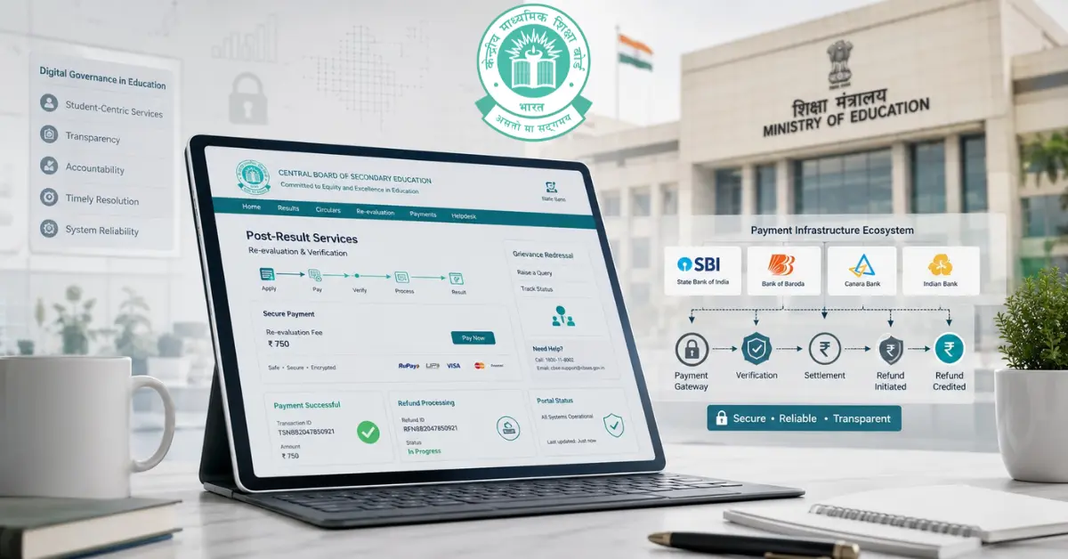 CBSE payment system visual showing digital portal oversight and banking support after re-evaluation issues