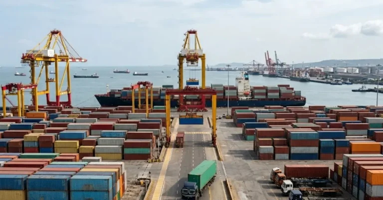 Shipping containers at a busy seaport terminal