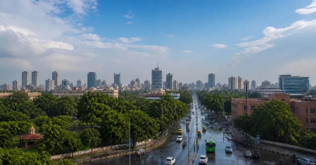 Delhi pollution drops significantly, anti-pollution curbs revoked across entire NCR 10 Delhi skyline showing improved air quality after rainfall