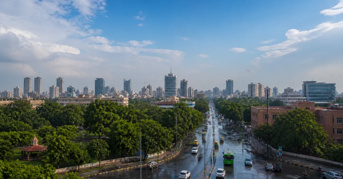 Delhi skyline showing improved air quality after rainfall