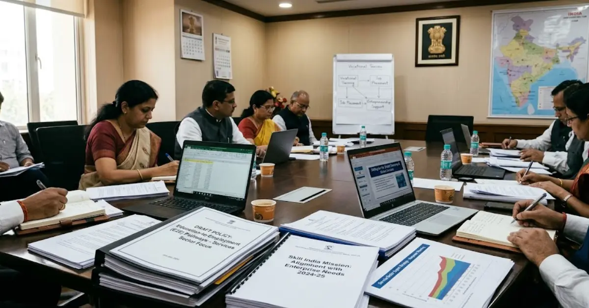 Education to Employment and Enterprise policy meeting materials in a government-style services-sector consultation room
