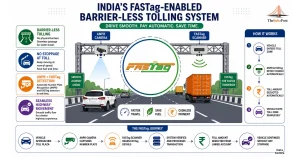 FASTag barrier-less tolling infographic showing seamless vehicle movement and digital toll collection