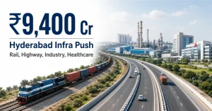 Hybrid newsroom image showing Hyderabad infrastructure projects with infographic overlays and transport corridors