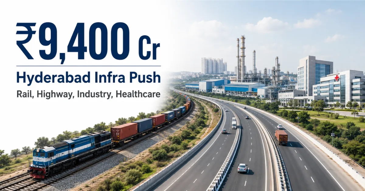 Hybrid newsroom image showing Hyderabad infrastructure projects with infographic overlays and transport corridors