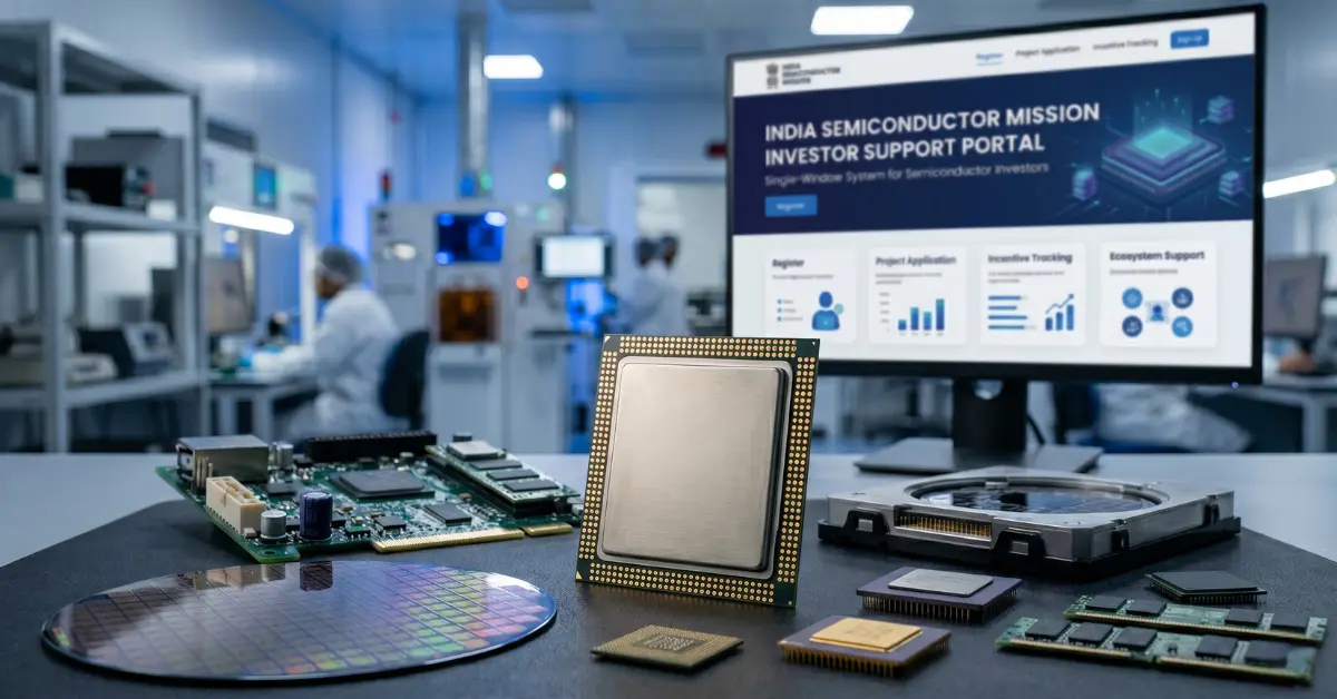 India Semiconductor Mission Investors Support portal with semiconductor chips and silicon wafer in a lab