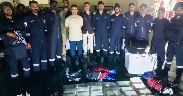 Indian Coast Guard infographic showing 115 kg cocaine seizure off Mundra coast