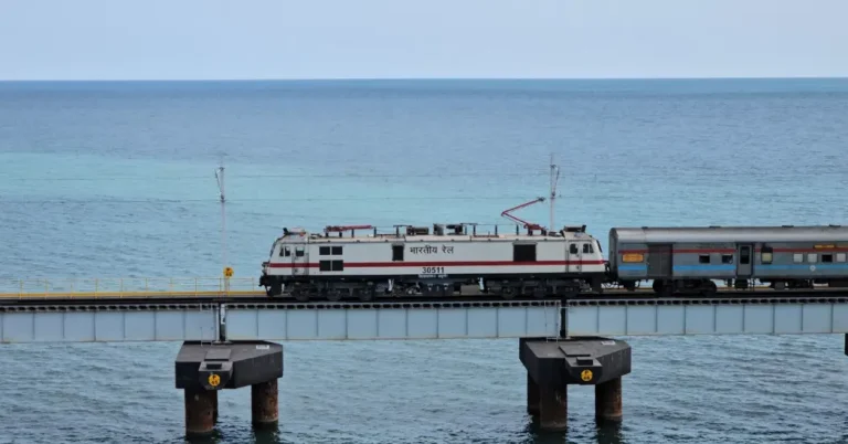 Indian Railways train running on a sea bridge