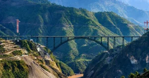 Chenab Rail Bridge on the Jammu-Shri Mata Vaishno Devi Katra section in Jammu and Kashmir hill terrain