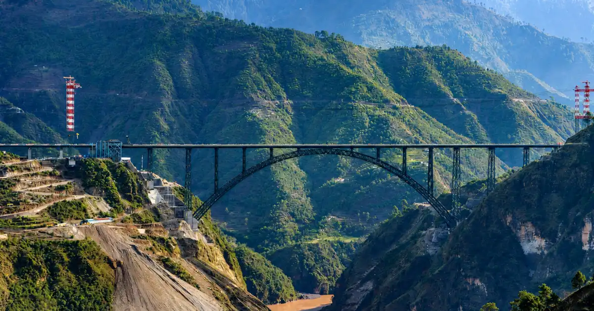 Chenab Rail Bridge on the Jammu-Shri Mata Vaishno Devi Katra section in Jammu and Kashmir hill terrain