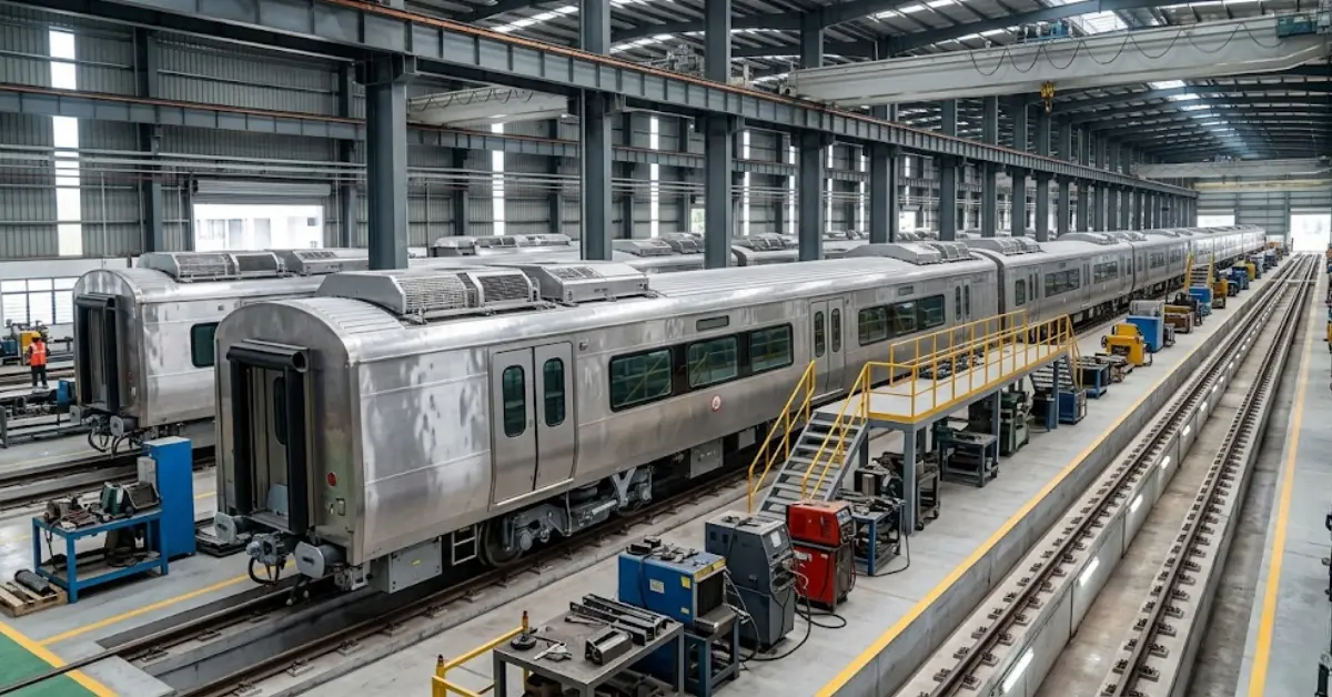 Kazipet Rail Manufacturing Unit interior showing train coaches under assembly