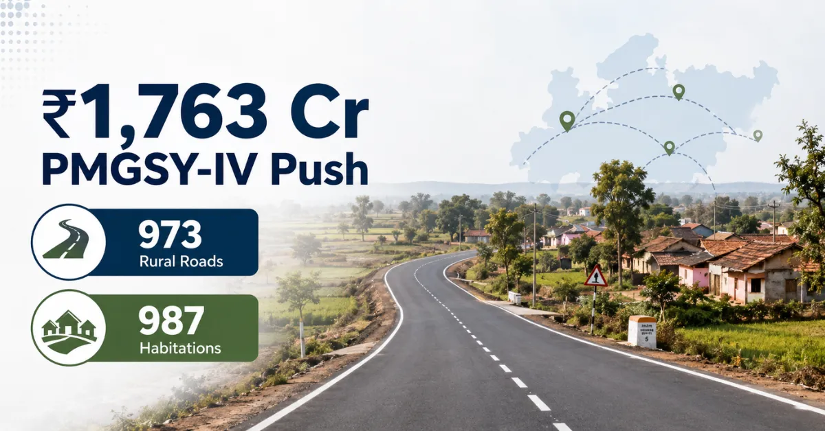 Hybrid newsroom image showing PMGSY rural road expansion in Madhya Pradesh
