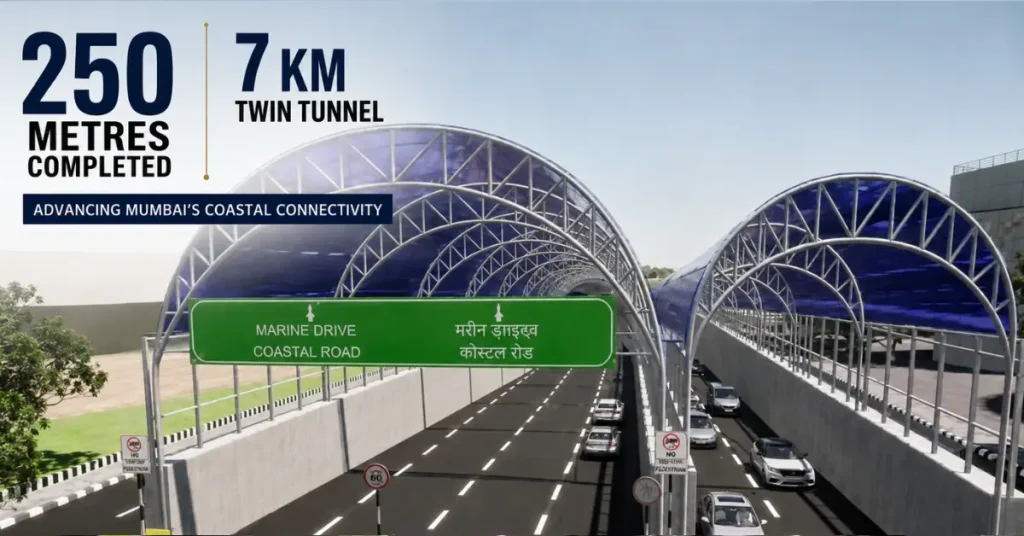Mumbai’s Orange Gate-Marine Drive Urban Road Tunnel completes 250 metres of underground tunnelling 1 Orange Gate-Marine Drive Urban Road Tunnel project visual with infographic overlays