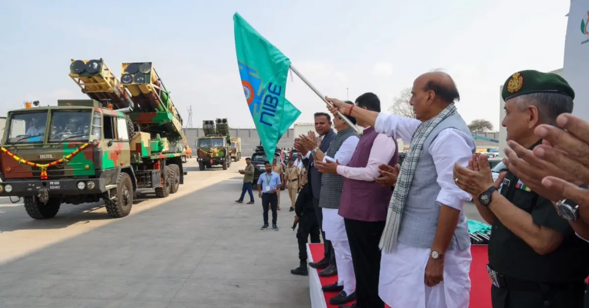 Universal Rocket Launching System Suryastra being flagged off by Defence Minister Rajnath Singh in Maharashtra