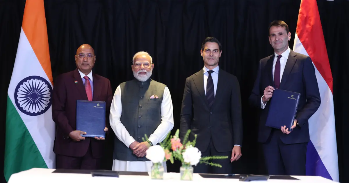 PM Modi witnessing the Tata Electronics and ASML MoU signing in the Netherlands