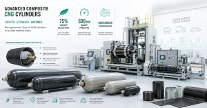 Type-IV CNG cylinders clean mobility ecosystem with infographic overlays