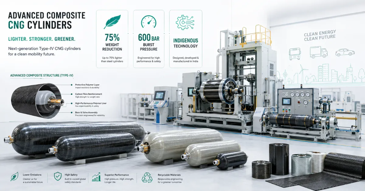 Type-IV CNG cylinders clean mobility ecosystem with infographic overlays