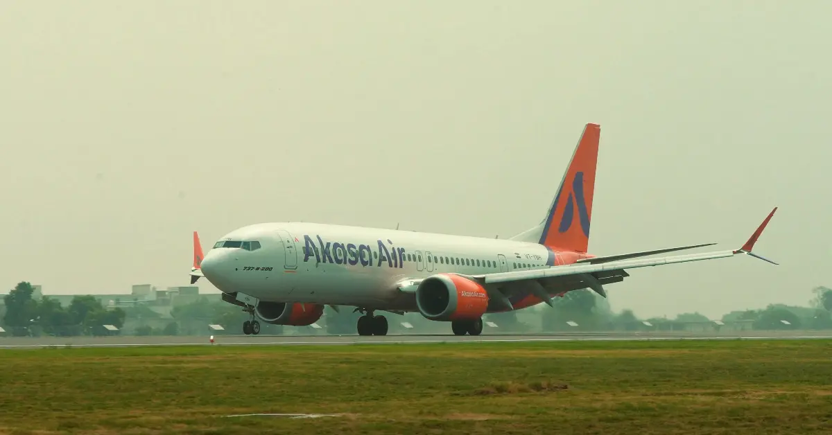Akasa Air aircraft landing at Noida International Airport