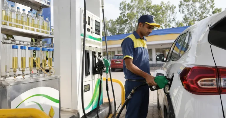 E20 Petrol dispensing infrastructure at a modern fuel station in India